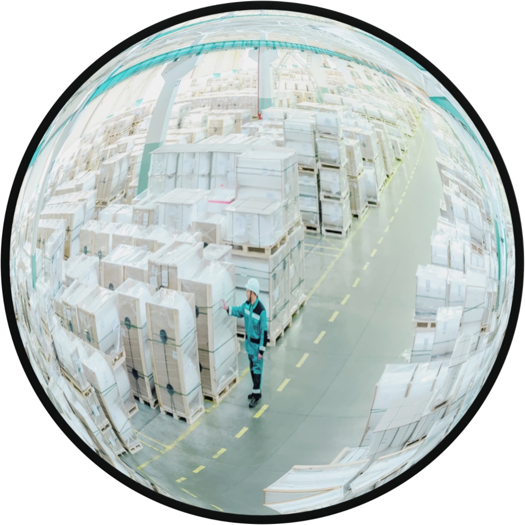 Складской комплекс, оснащенный зеркалом круглым сферическим для помещений